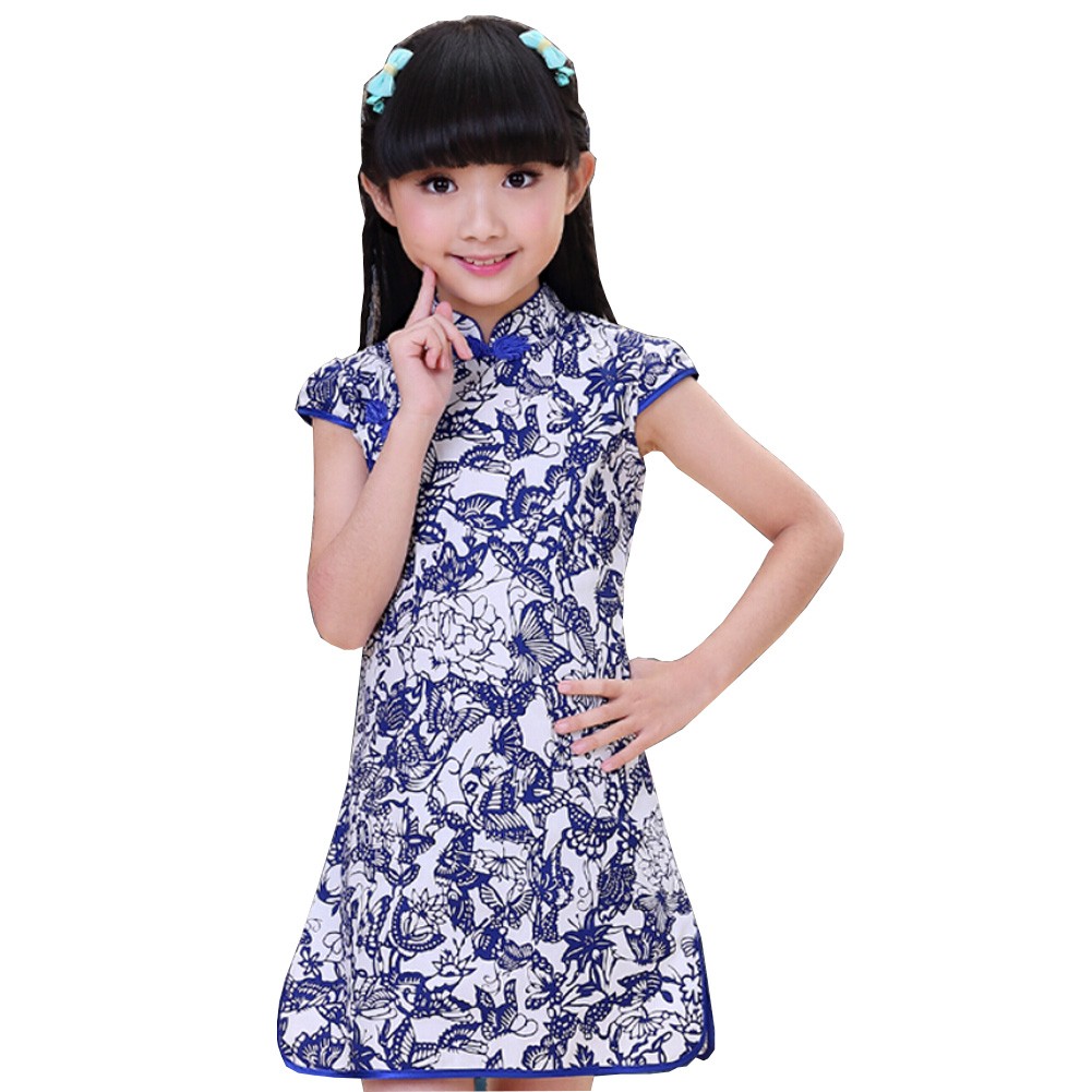 Classic Flowers Children Girls Floral Short Sleeve Cheongsam Dress 120cm Blue