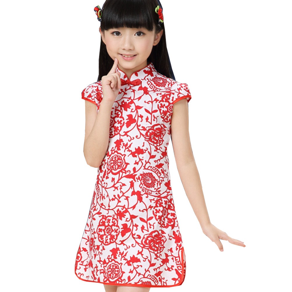 Classic Flowers Children Girls Floral Short Sleeve Cheongsam Dress 120cm Red