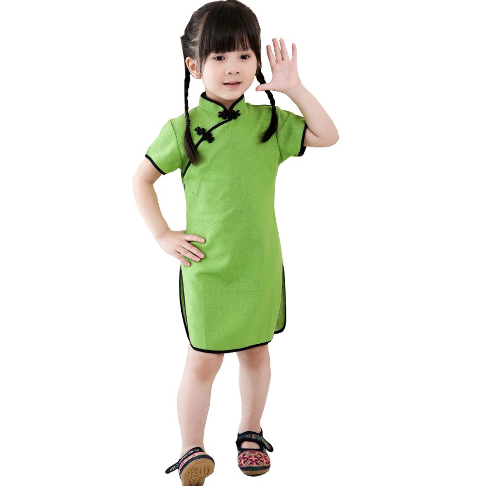 Lovely Children Girls Solid Short Sleeve Cheongsam Dress 120cm Apple Green