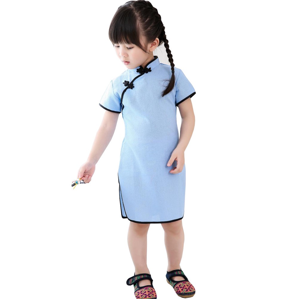 Lovely Children Girls Solid Short Sleeve Cheongsam Dress 120cm Light Blue