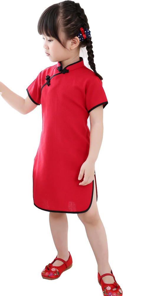 Lovely Children Girls Solid Short Sleeve Cheongsam Dress 120cm Bright Red