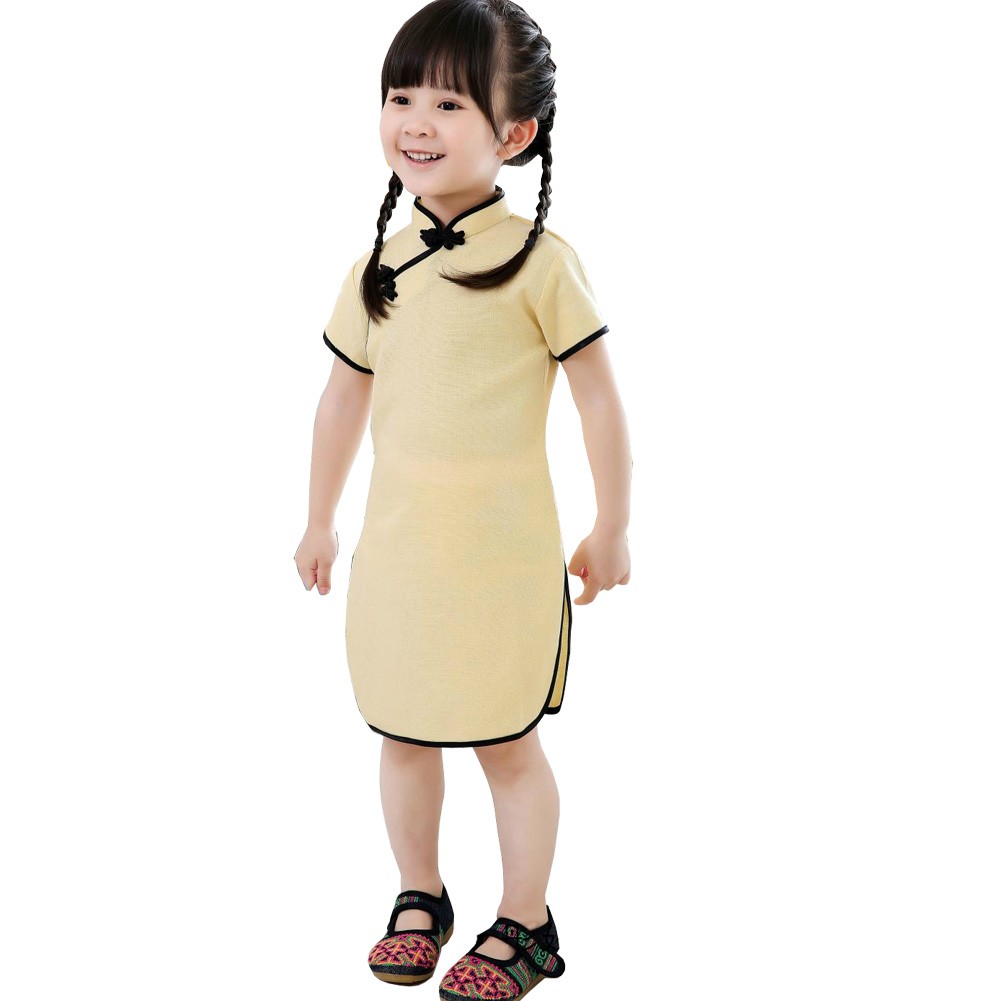 Lovely Children Girls Solid Short Sleeve Cheongsam Dress 120cm Light Yellow