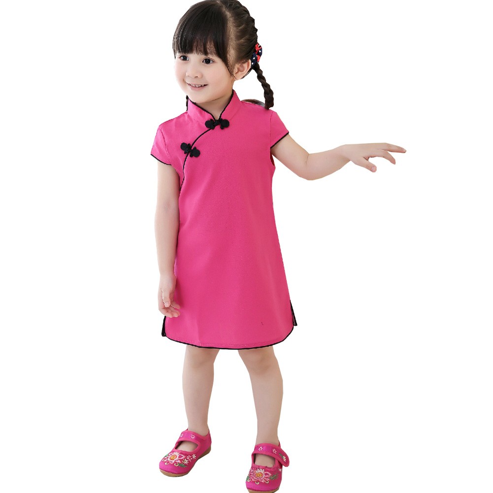 Lovely Children Girls Solid Short Sleeve Cheongsam Dress 120cm Rose Red