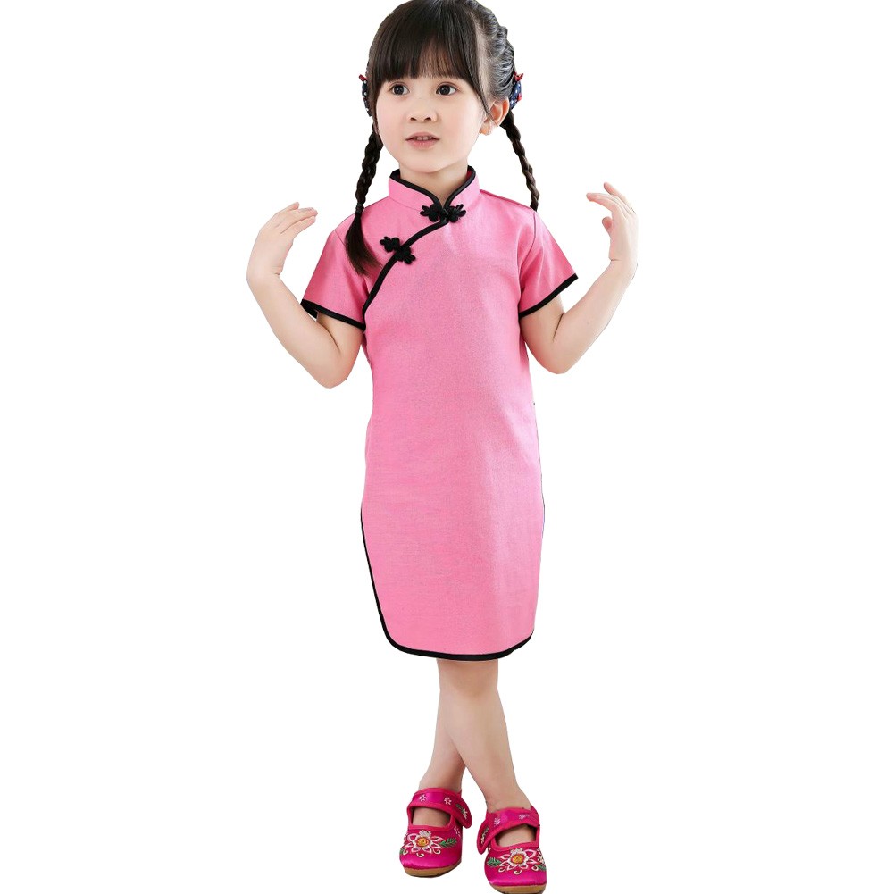 Pretty Children Girls Solid Short Sleeve Cheongsam Dress 120cm Lovely Pink