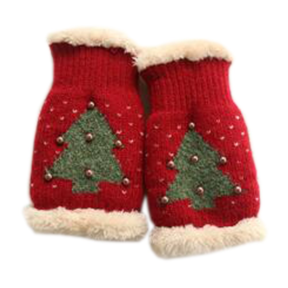 Lovely Women's/Girls Winter Fingerless Knitted Gloves Christmas Tree Pattern, Red