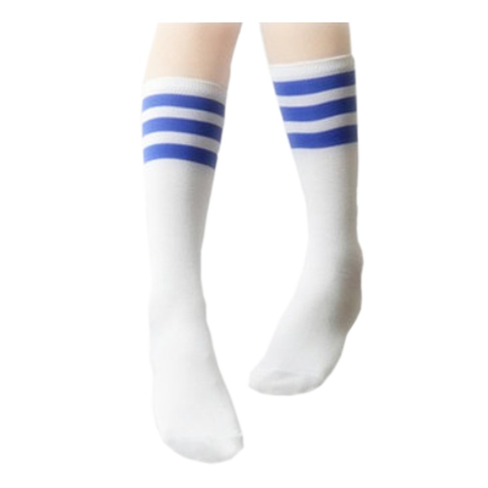 2 Pairs Unisex Soccer/Basketball Athletic Socks Blue Stripes White