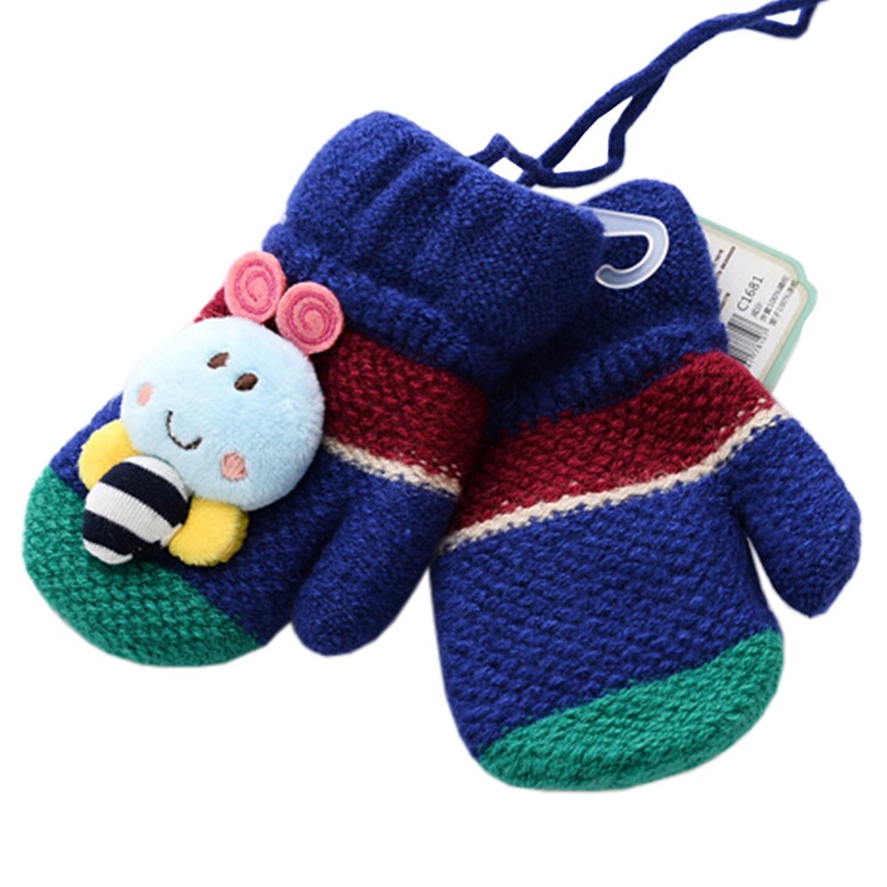 1 Pair Kids' Winter Glove Knitted Mittens With Sling(0-3 Years) Bee Royalblue