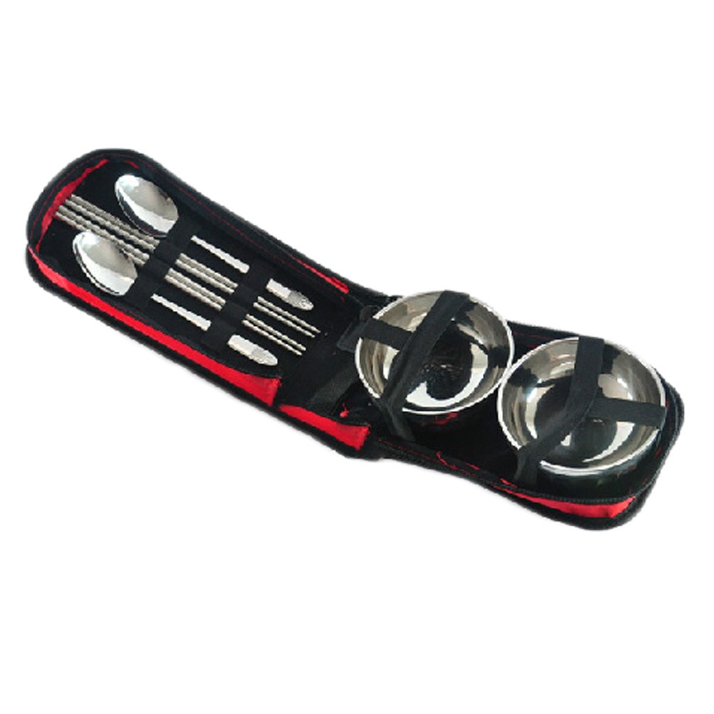 Portable Camping Tableware Set Stainless Steel Spoons Bowls Chopsticks(Red Box)