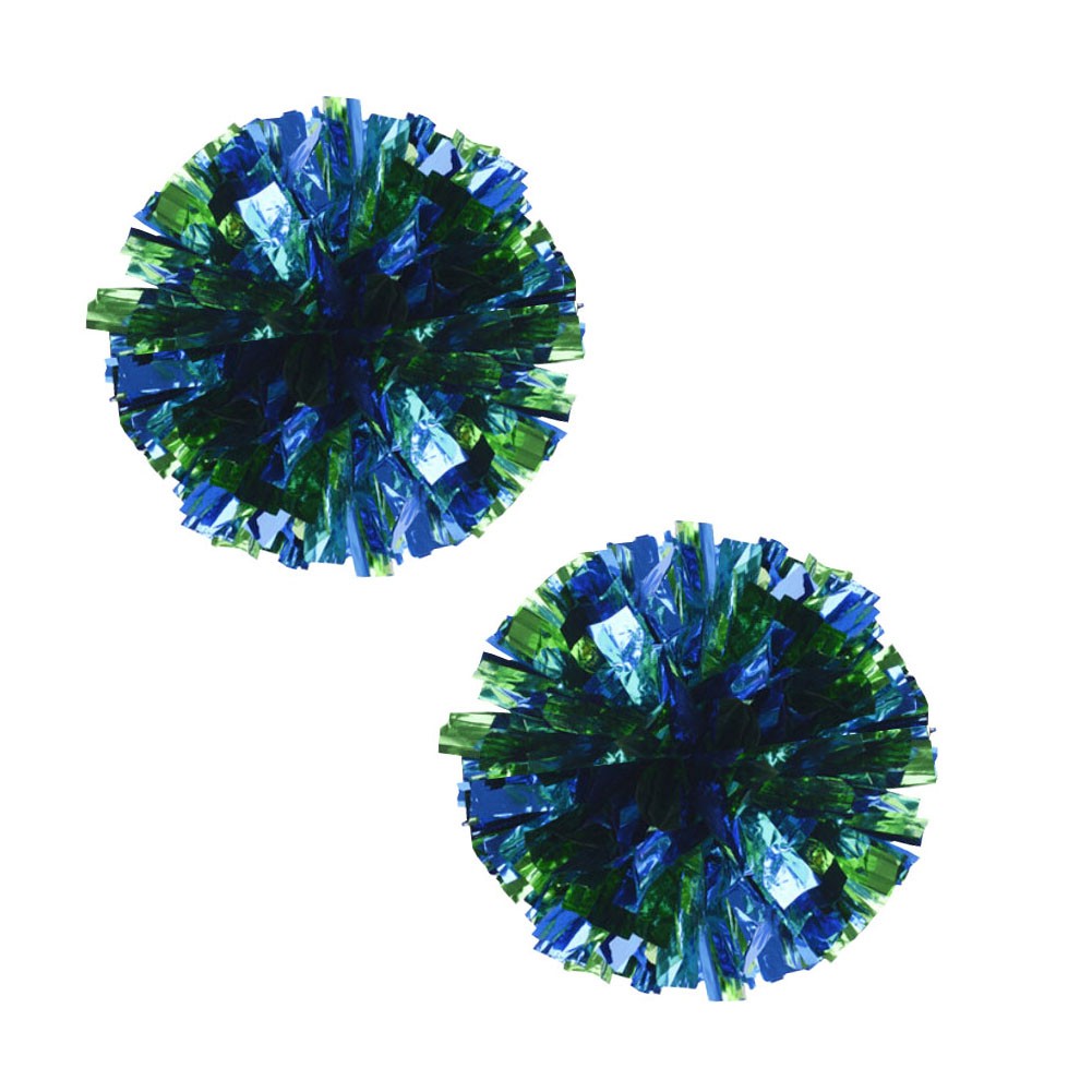 Set of 2 Plastic Ring Pom Metallic Cheerleading Poms 100g Green+Blue