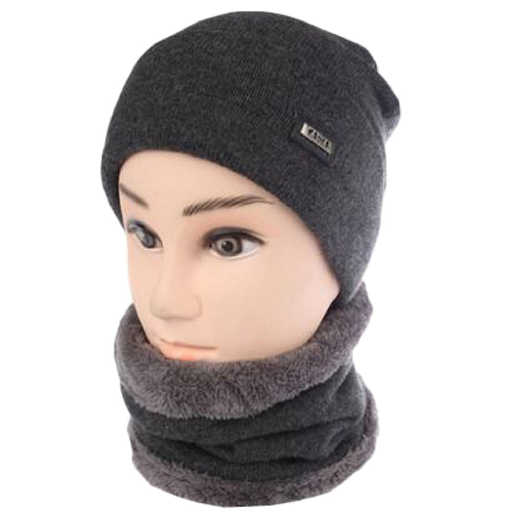 Grey Middle-aged Men's Winter Warm Cycling Keep Thick Hat Scarf Set