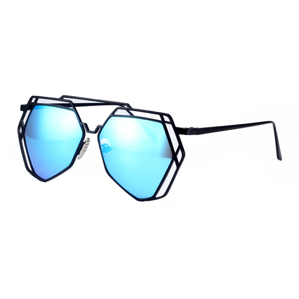 Modern Polygon Fashion Eyewear Full Metal Frame Colored Lens Sunglasses, Blue