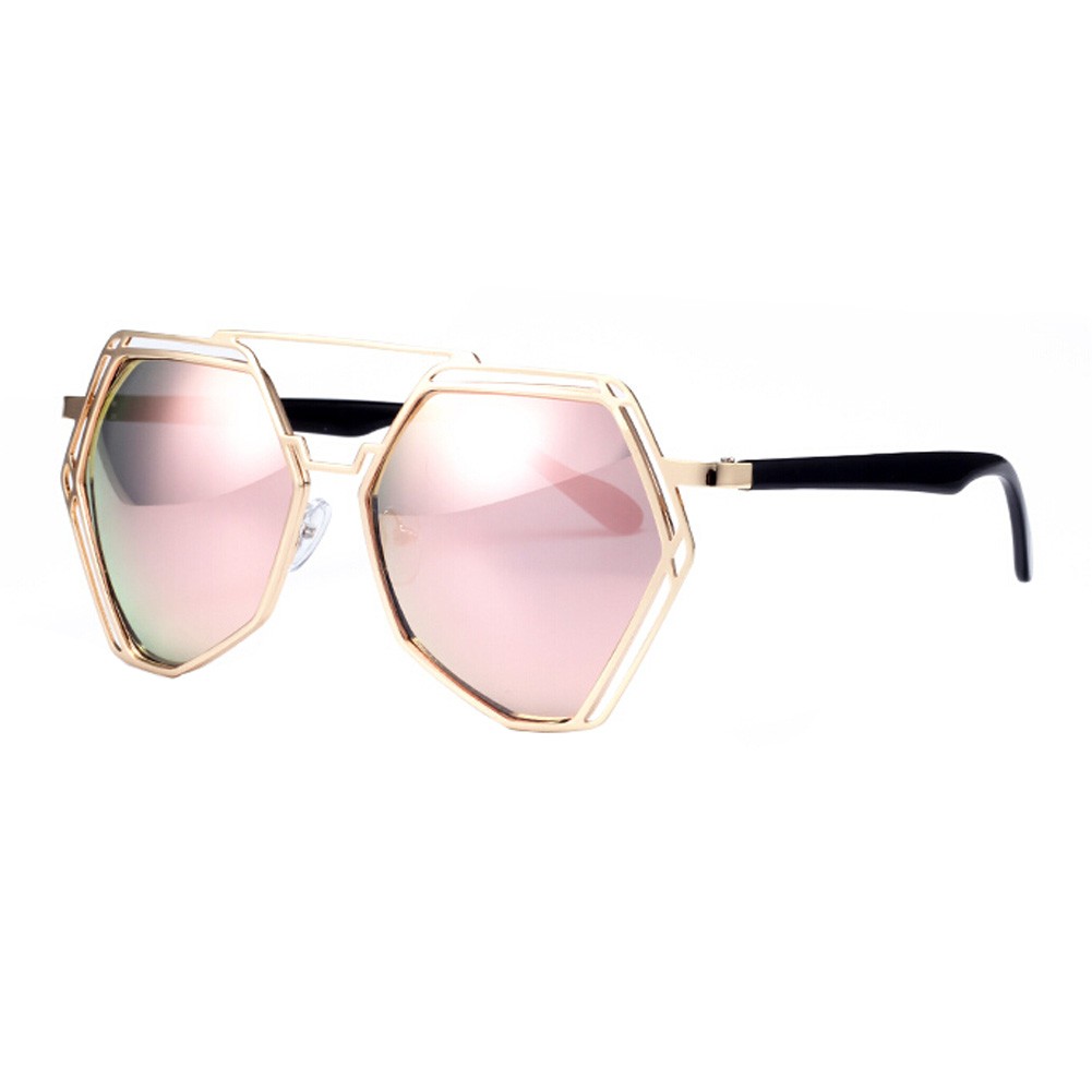 Modern Polygon Eyewear Metal Frame Colored Lens Sunglasses, Pink
