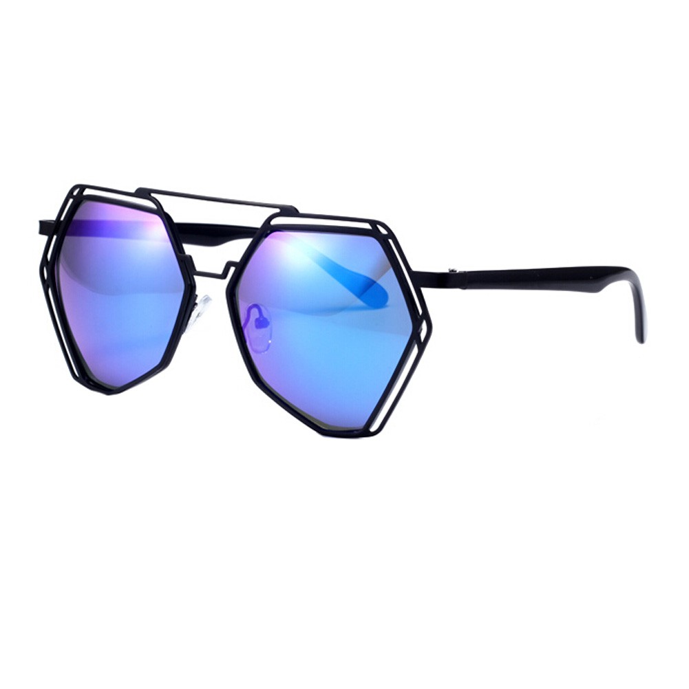 Popular Mirrored Lens Polygon Eyewear Metal Frame Sunglasses, Blue