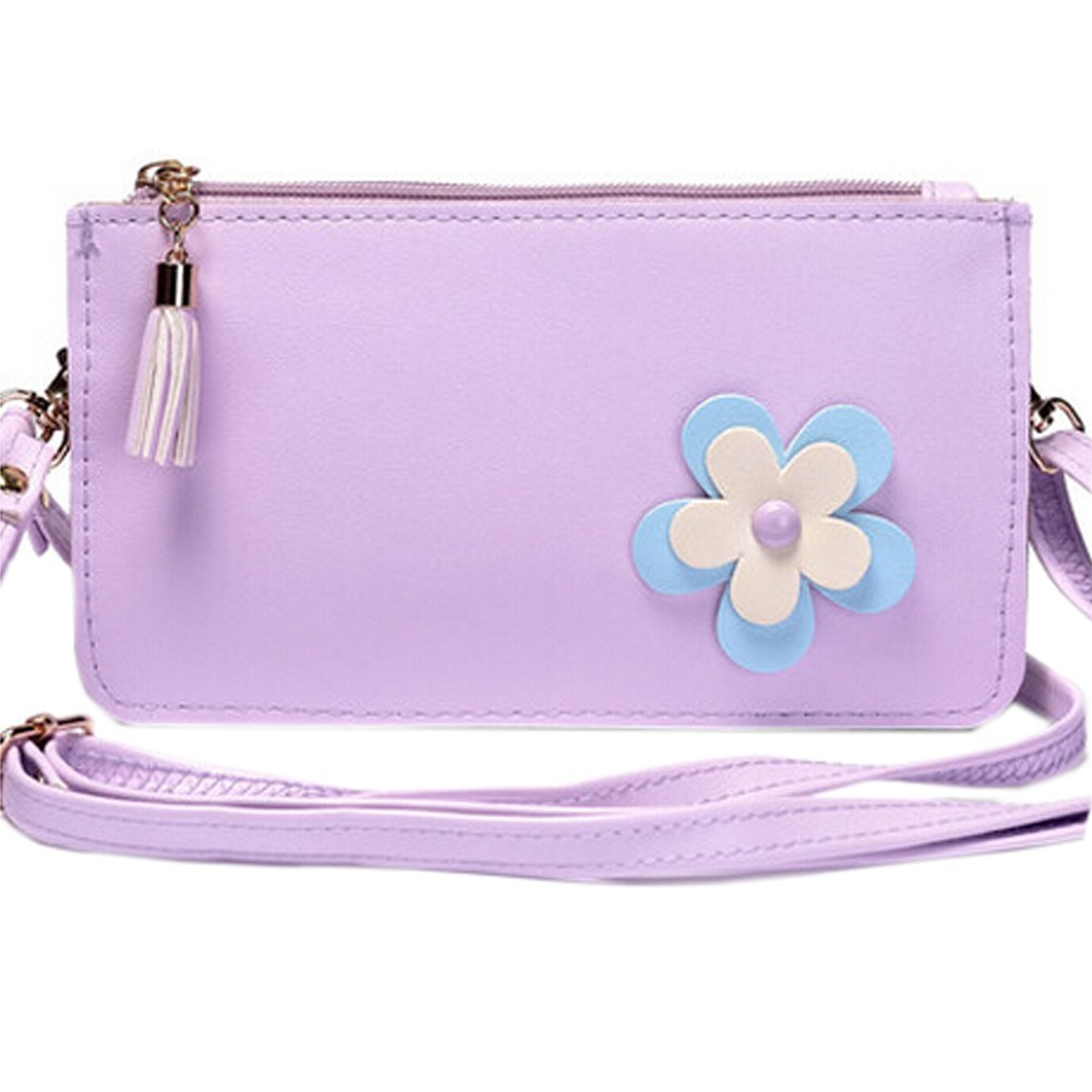 Ladies Single Shoulder Bag PU Leather Cell Phone Bag With Flower, Purple