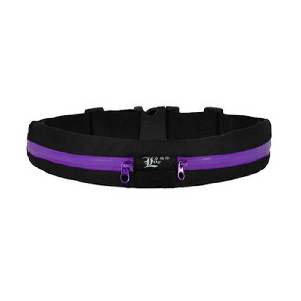 Double Purple Zippers Extra Large Waterproof Waist Pack Belt for Running(Black)