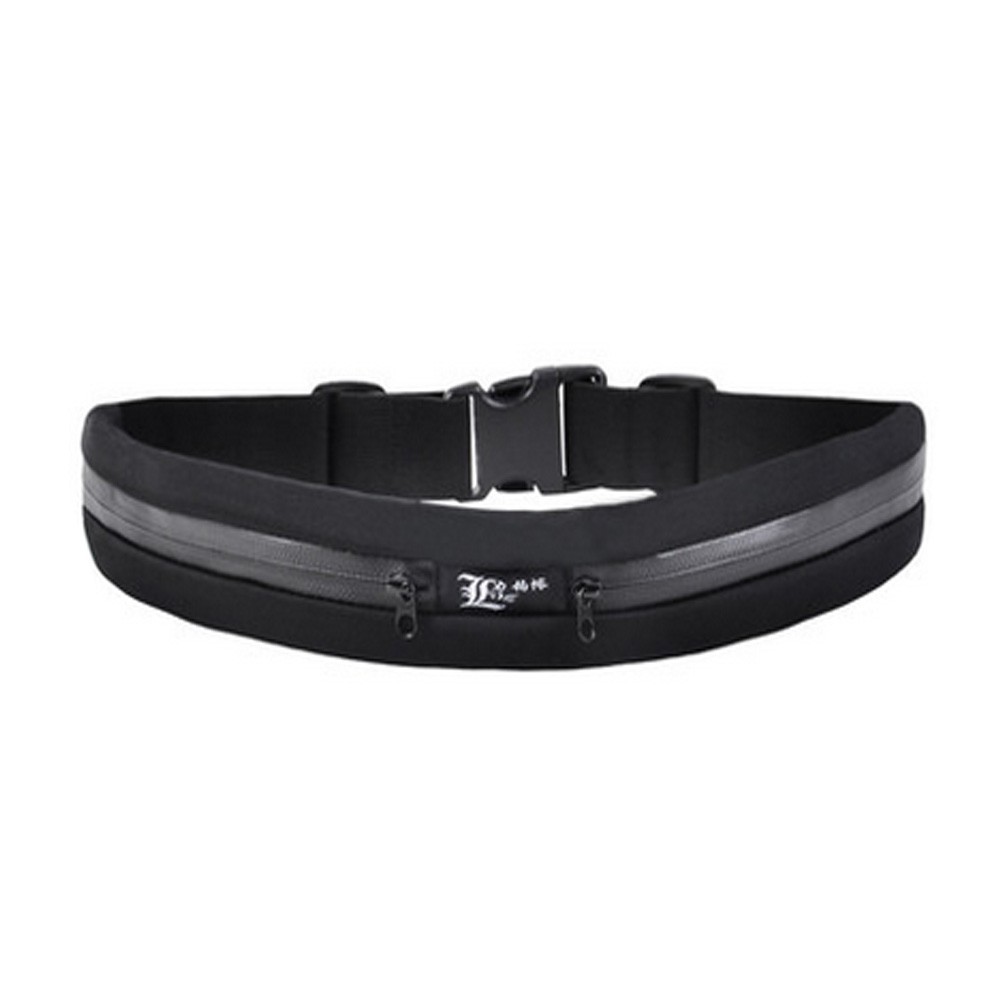 Double Black Zippers Large Waterproof Waist Pack Belt for Running(Black)