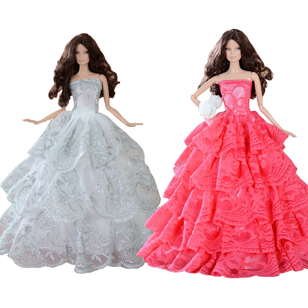 Set of 2 Fantasy Handmade Wedding Dress for 11.8" Doll Silver & Pink