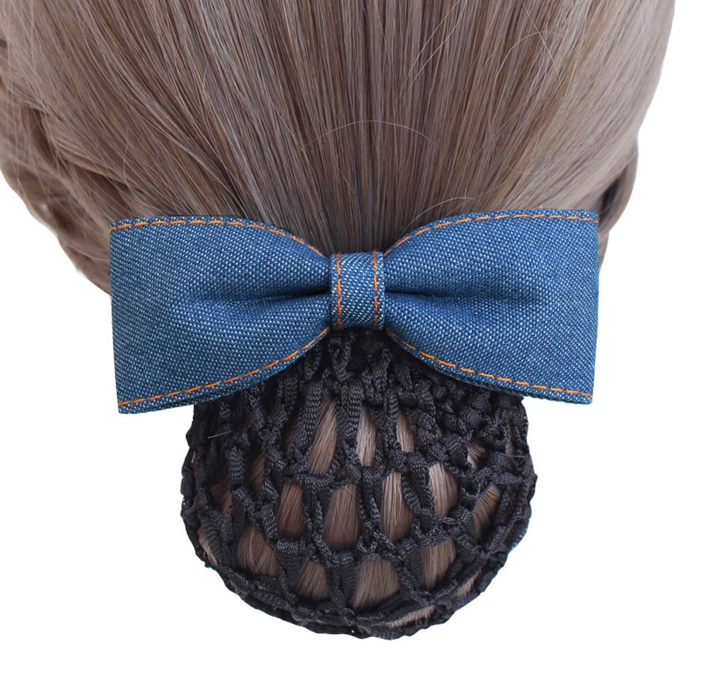 Women Girls Stylish Denim Style Barrette Hair Clip Bowknot Snood Net, 2 pieces (B)