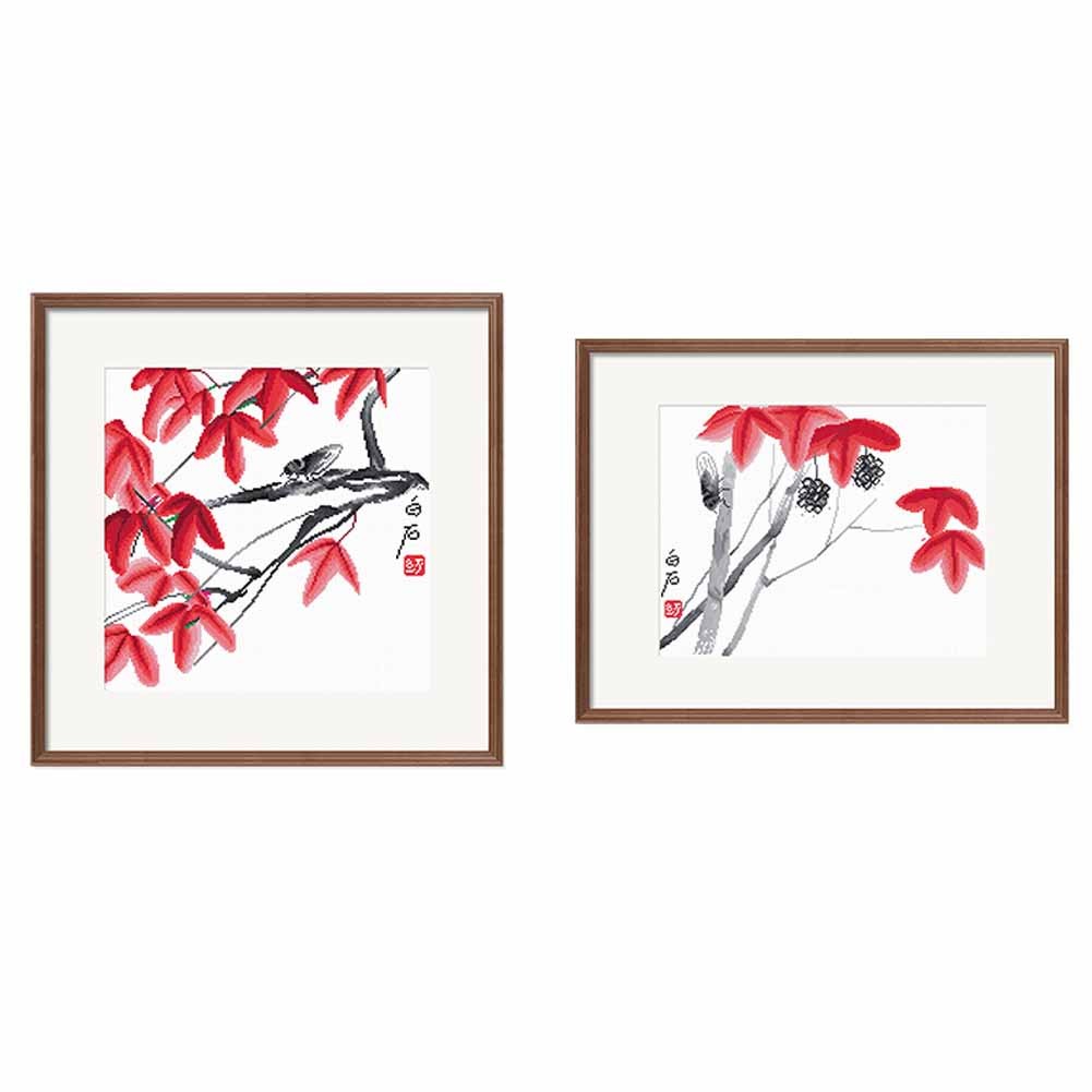 2 Pcs Chinese Painting Set Small Size DIY Cross Stitch Pre-Printed Embroidery Kits, Cicada