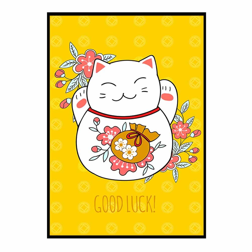 Cute Yellow Fortune Cat DIY Pre-Printed Cross Stitch Embroidery Kits Store Decor, 18x22 inch