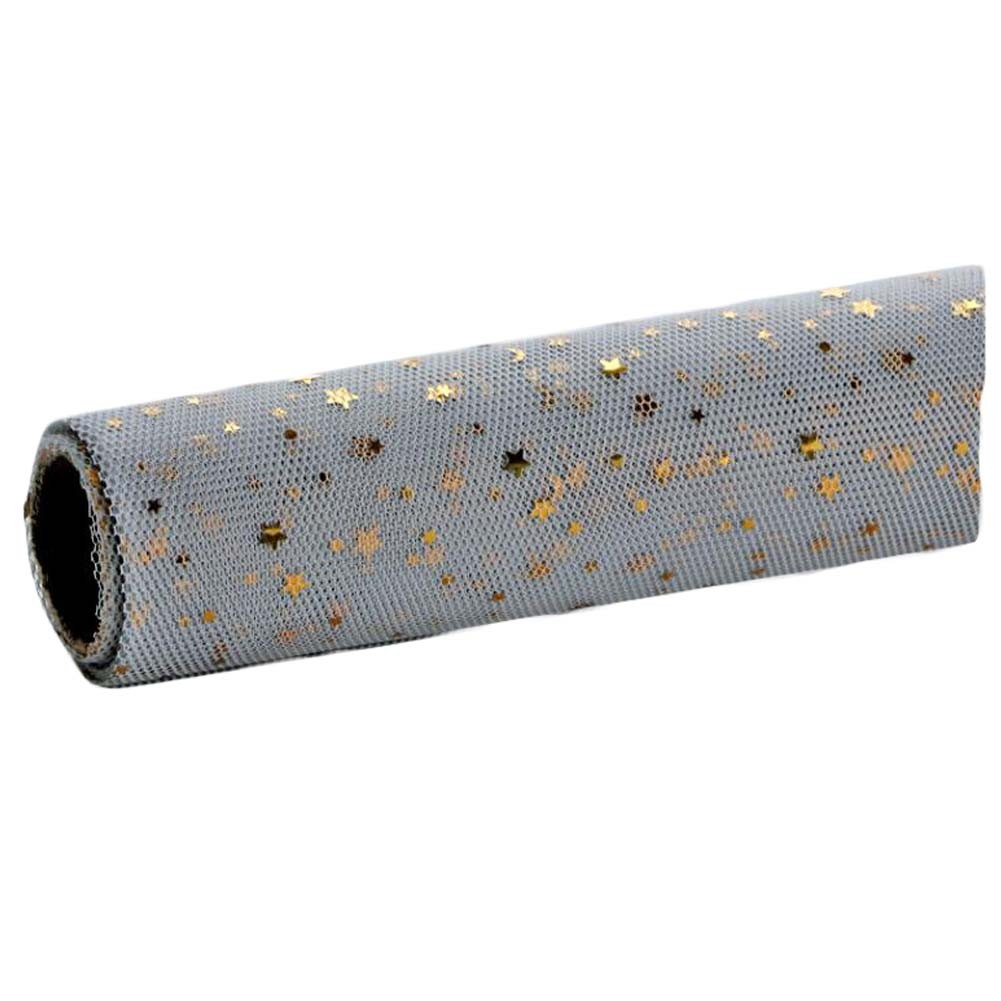 Grey Flower Wrapping Paper Mesh Gauze Gift Wrapping Paper Roll, Gold Stars