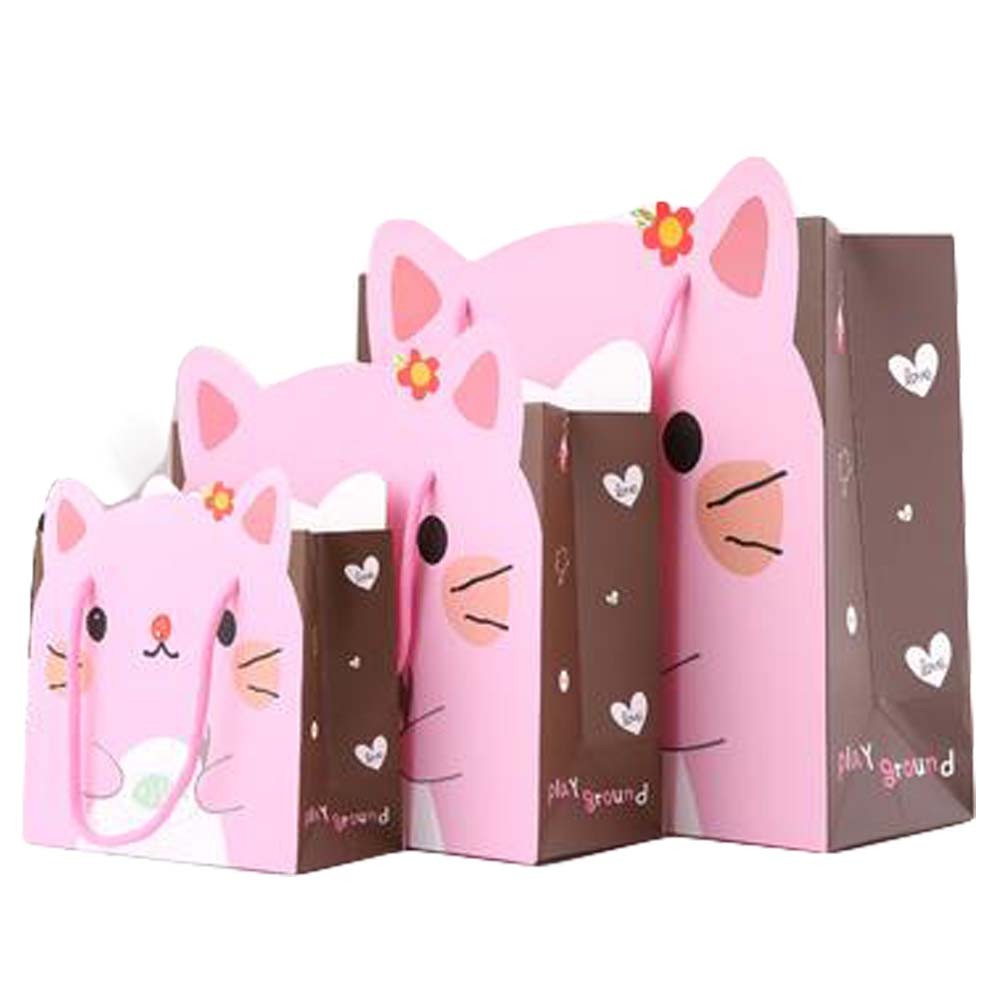 1 Set Cute Cats Paper Gift Bags with Handles Party Favor Bags, Pink