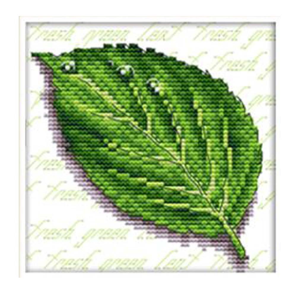 11CT Stamped Cross Stitch Kits Green Leaf Hallway Wall Decor DIY Easy Embroidery Kits, 7.8x7.8inch