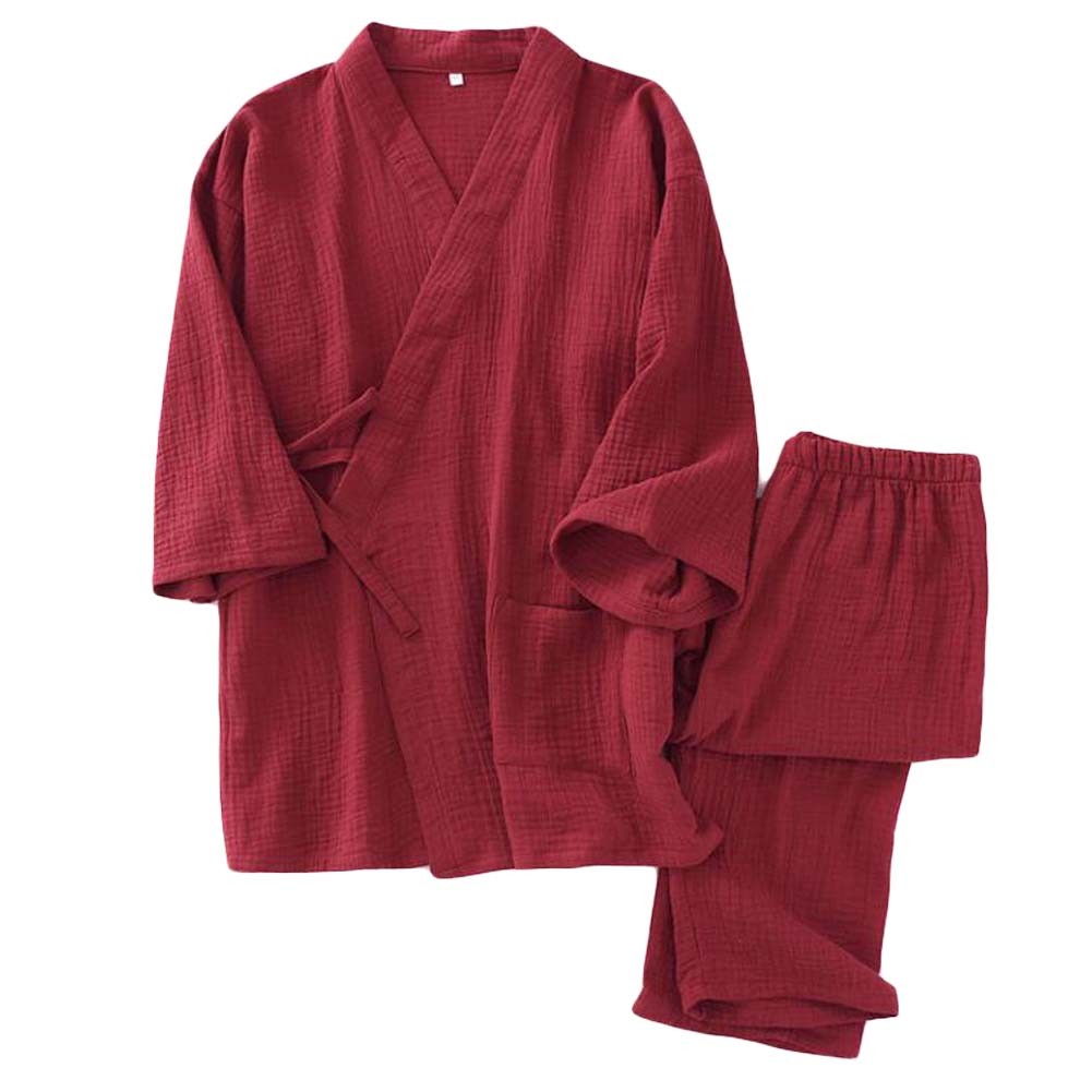 Summer Cotton Gauze Pajama Set Japanese Style Men's Pajamas Suit Bathrobe, Red