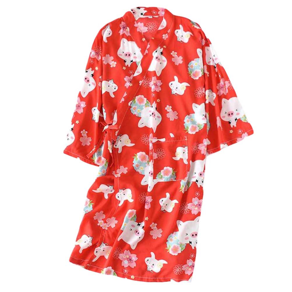Women's Kimono Robe Pig Pattern Cotton Nightwear Yukata Pajama, Red