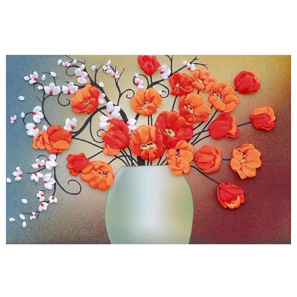 Orange Flower Ribbon Embroidery Kit Cross Stitch Kit for Beginner Flower Design DIY Home Wall Decor