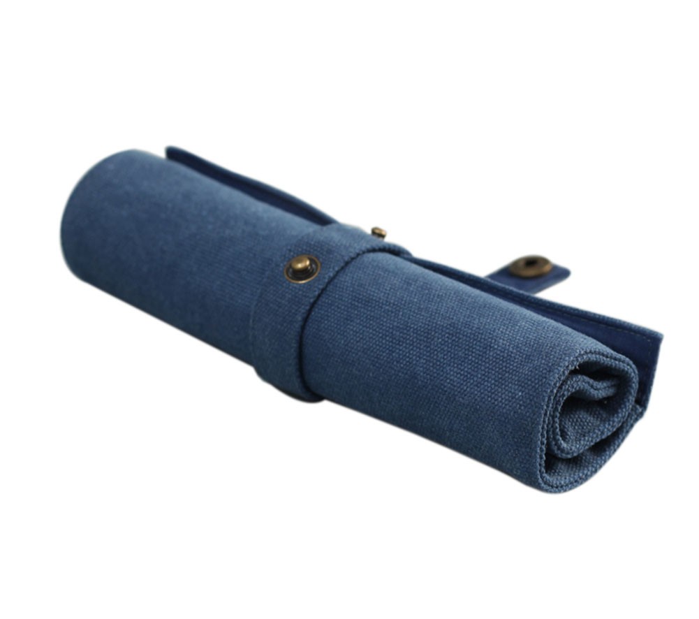 Pure Color Retro Wrap Roll Up Case Bag Portable Pencil Holder Pen Organizer, Deep Blue