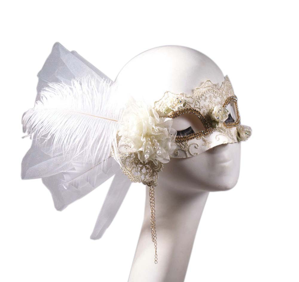 Venetian Masquerade Half Face Lace Masks Halloween Costume with Feather Flowers, White