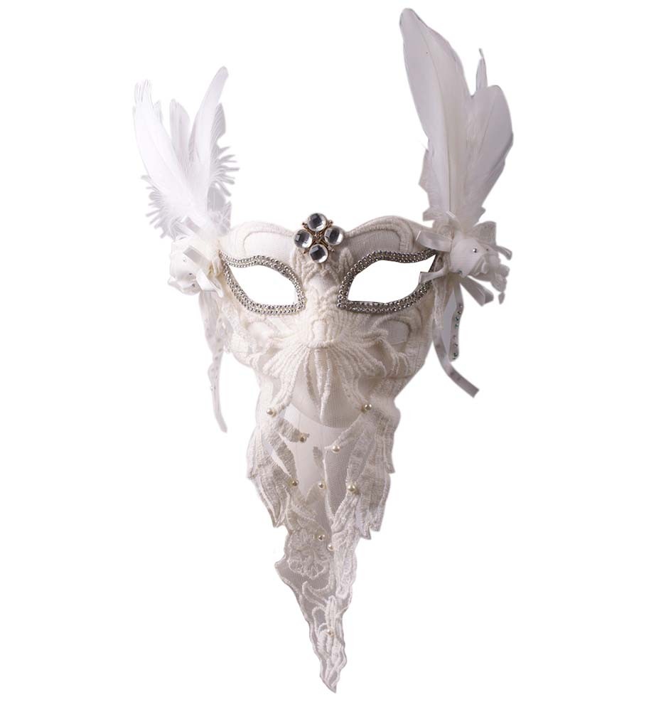 Womens White Feather Masquerades Venetian Mask Lace Veil
