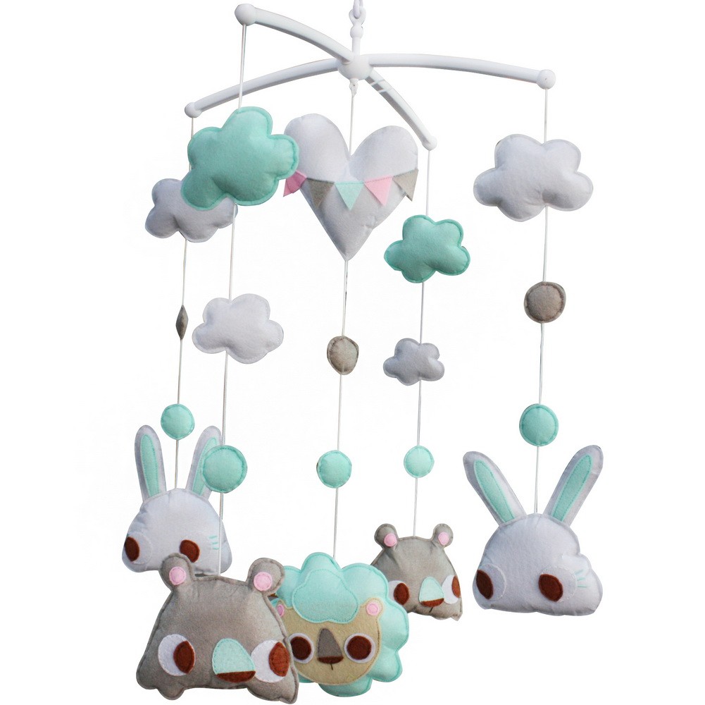 White Blue Tiger Rabbit Bear Handmade Baby Crib Mobile Animal Hanging Musical Mobile Infant Nursery Room Toy Decor