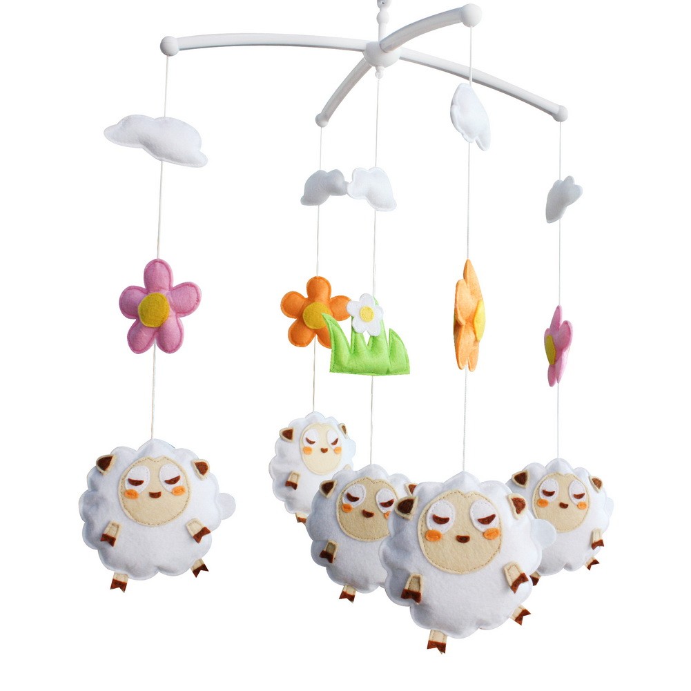 Handmade Baby Crib Mobile Baby Musical Mobile Nursery Room Hanging Animal Toy Decor, White Sheep