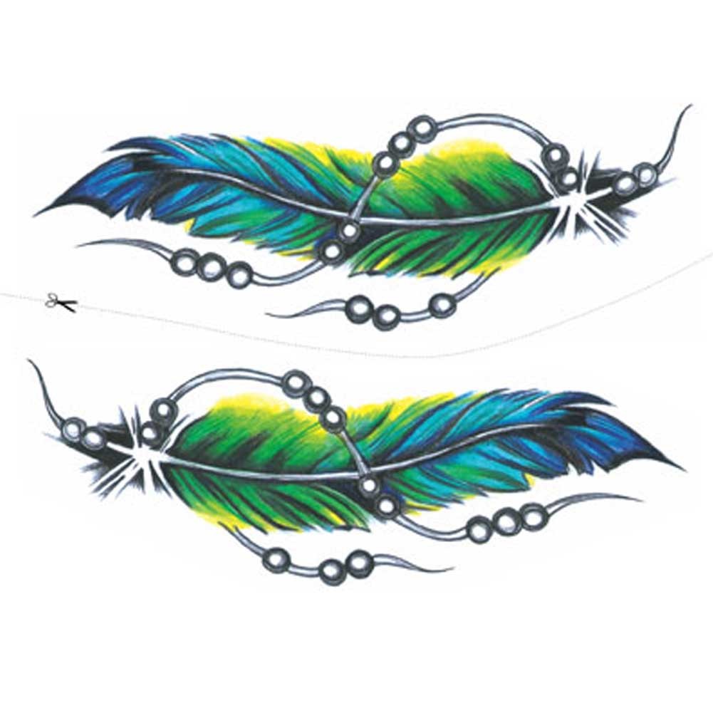 2 Sheets Green Feather Simulation Tattoos Colorful Abdomen Makeup Temporary Tattoos Art Stickers Tattoo Sticker