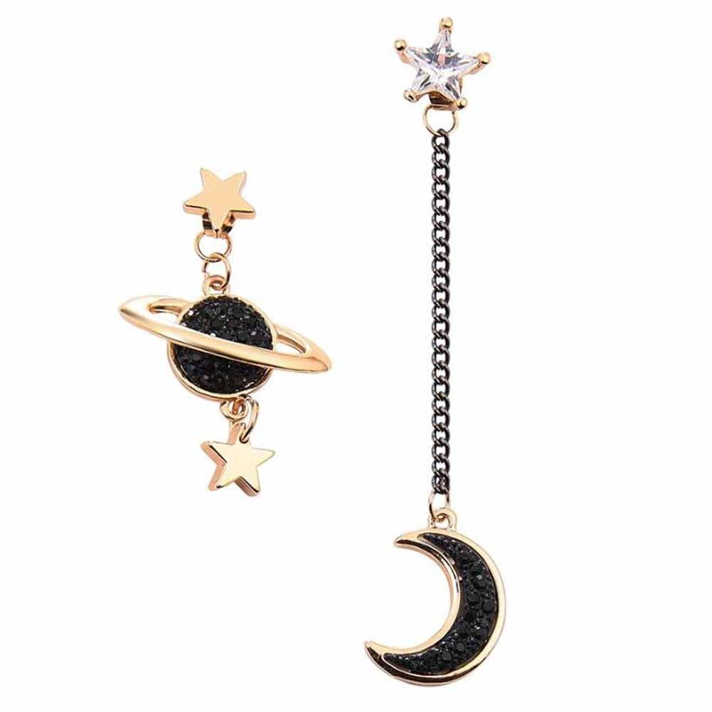 Asymmetric Stud Earrings Women Long Pendant Dangle Earrings Moon and Star Planet Drop,Black