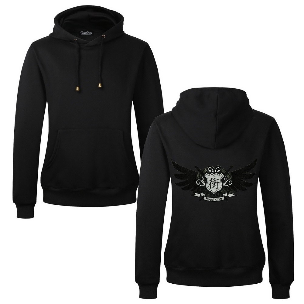 Men's Embroidery Road Killer Pullover Hooded Sweatshirt for Spring Autumn, Black