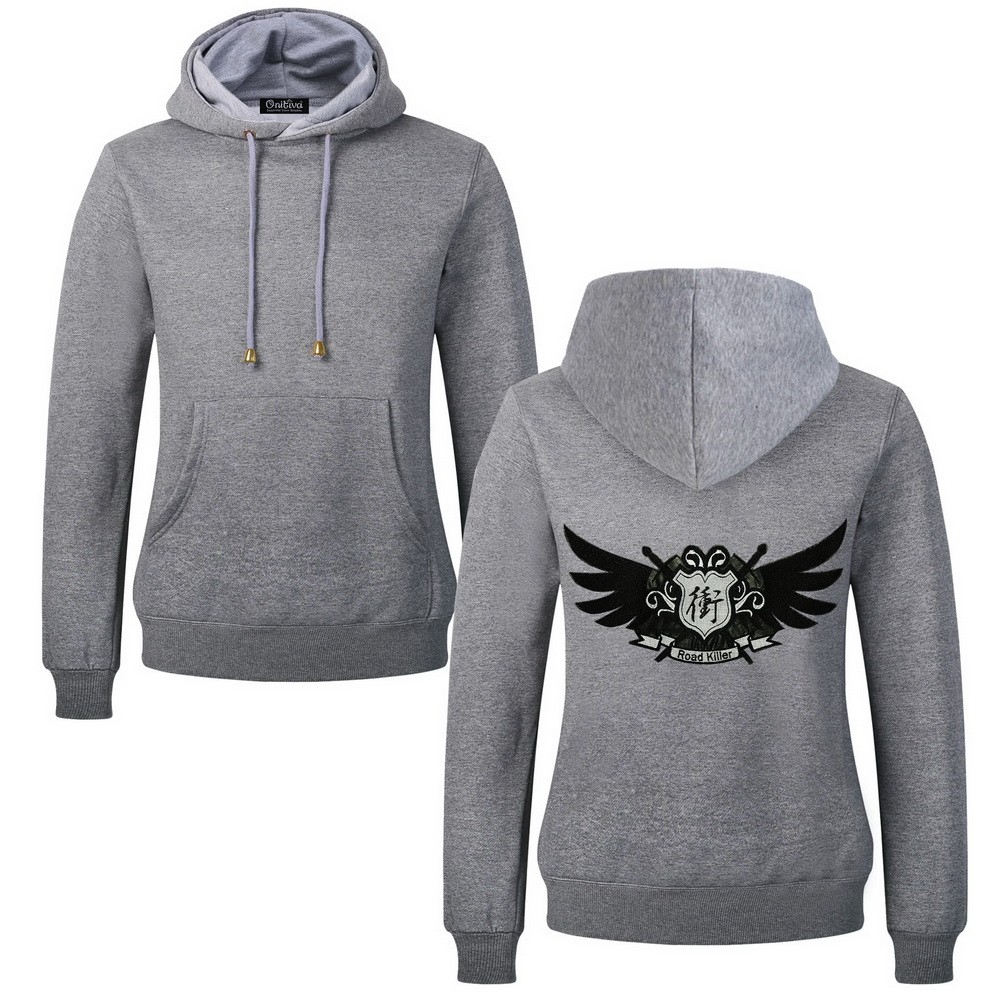 Men's Embroidery Road Killer Pullover Hooded Sweatshirt for Spring Autumn, Gray