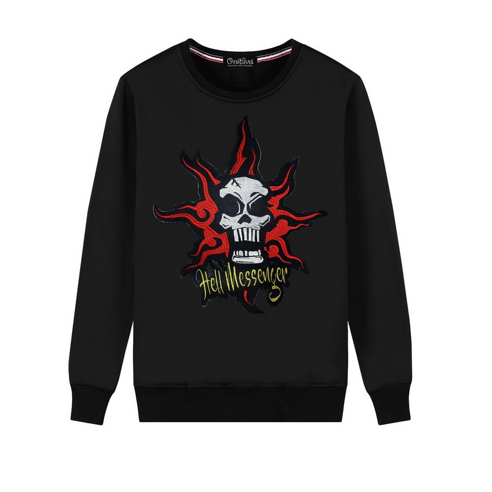 Men's Embroidery Skull Hell Messager Pullover Crewneck Sweatshirt for Spring Autumn, Black