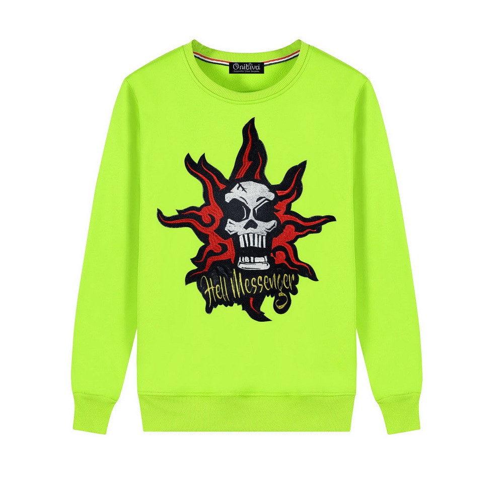 Men's Embroidery Skull Hell Messager Pullover Crewneck Sweatshirt for Spring Autumn, Green