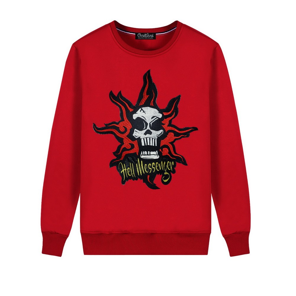 Men's Embroidery Skull Hell Messager Pullover Crewneck Sweatshirt for Spring Autumn, Red