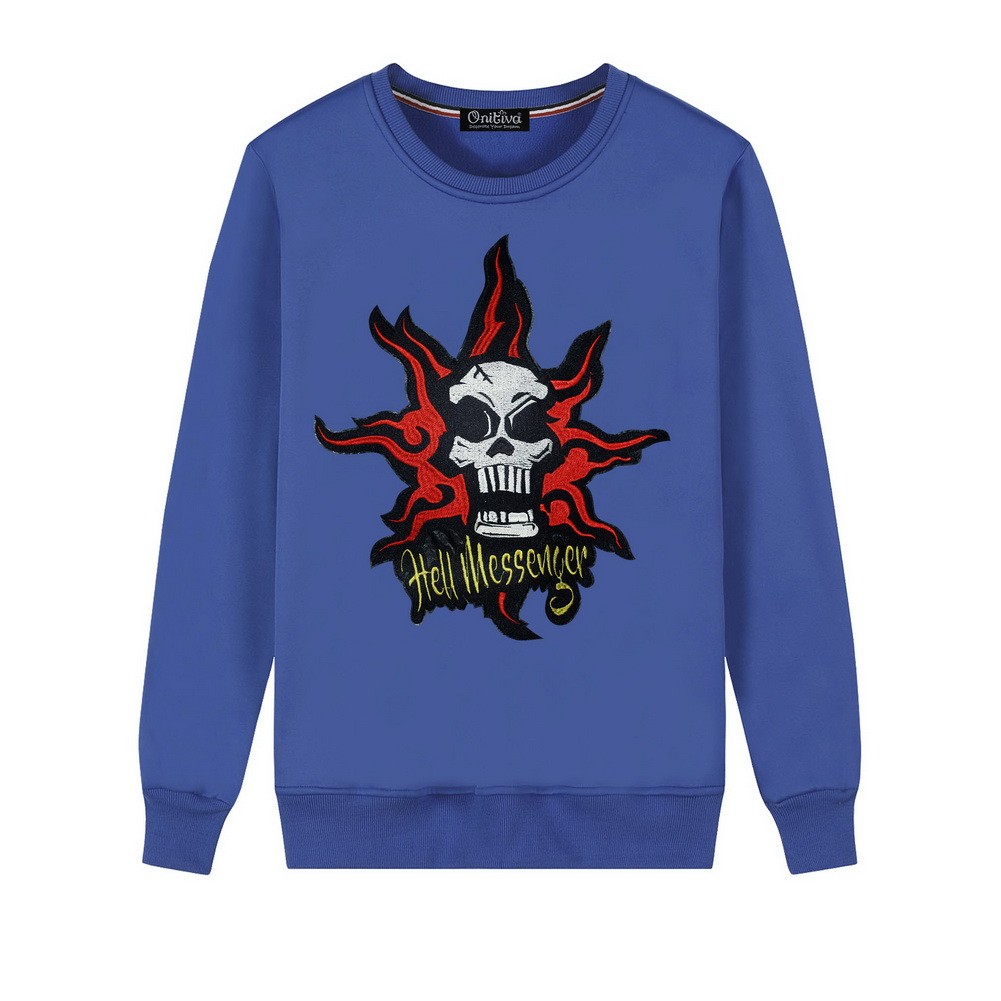 Men's Embroidery Skull Hell Messager Pullover Crewneck Sweatshirt for Spring Autumn, Blue