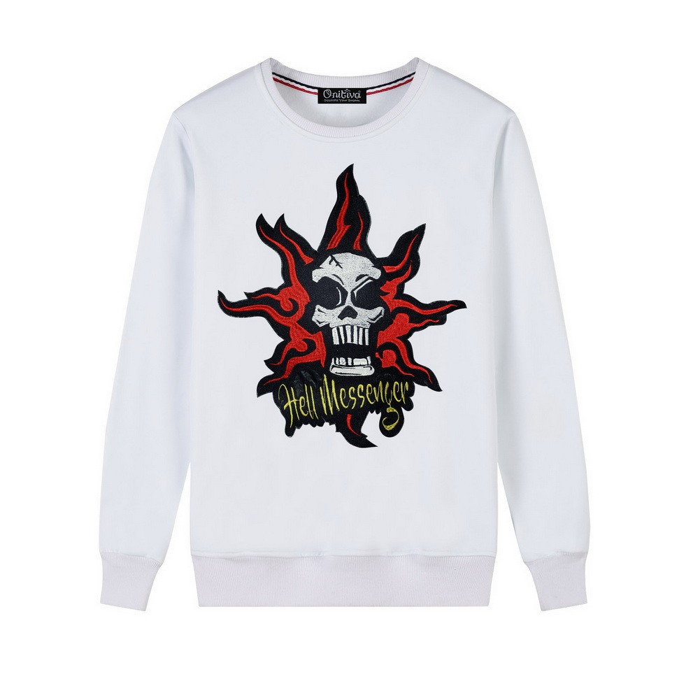 Men's Embroidery Skull Hell Messager Pullover Crewneck Sweatshirt for Spring Autumn, White