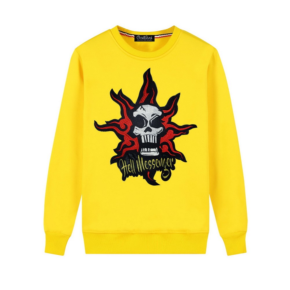 Men's Embroidery Skull Hell Messager Pullover Crewneck Sweatshirt for Spring Autumn, Yellow