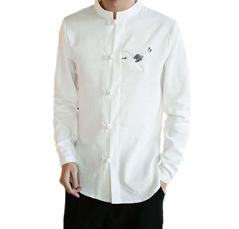 Mens Standing Collar Cotton and Linen Chinese Long Sleeve KungFu Cloth Men Shirt, White