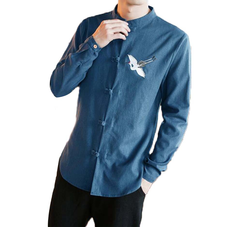 Mens Standing Collar Cotton and Linen Chinese Long Sleeve KungFu Cloth Men Shirt, Denim Blue