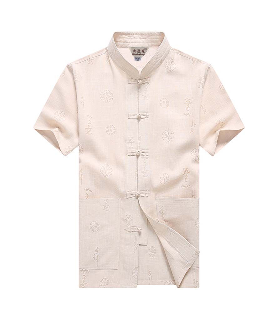 [#2] Mens Standing Collar Cotton and Linen Chinese Short Sleeve KungFu Cloth Men Shirt, Beige