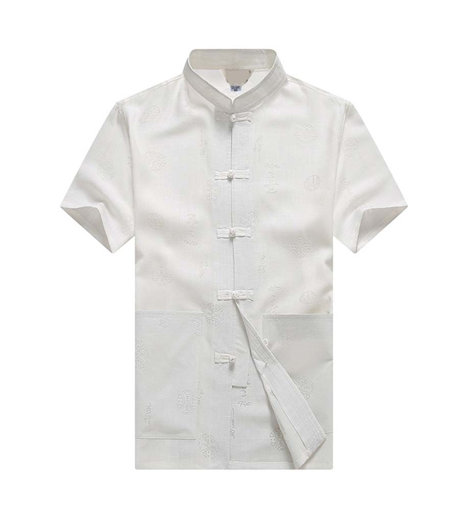 [#2] Mens Standing Collar Cotton and Linen Chinese Short Sleeve KungFu Cloth Men Shirt, White