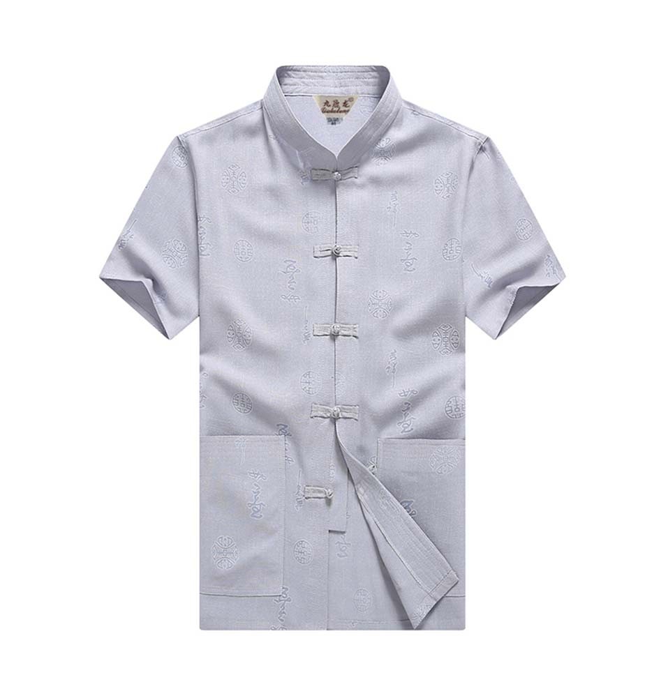 [#2] Mens Standing Collar Cotton and Linen Chinese Short Sleeve KungFu Cloth Men Shirt, Grey